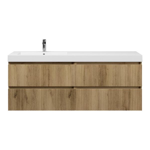 Katwijk badmeubel 160 cm warm eiken met enkele polystone Cadzand wastafel links wit glans