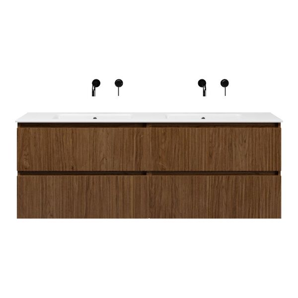 Katwijk badmeubel 160 cm warm noten met dubbele keramische Callantsoog wastafel wit glans