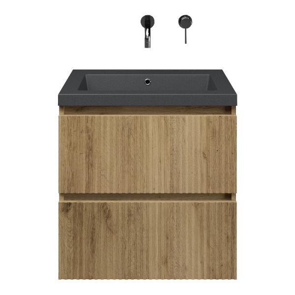 Katwijk badmeubel 60 cm warm eiken met quartz Cadzand-Q wastafel grijs mat