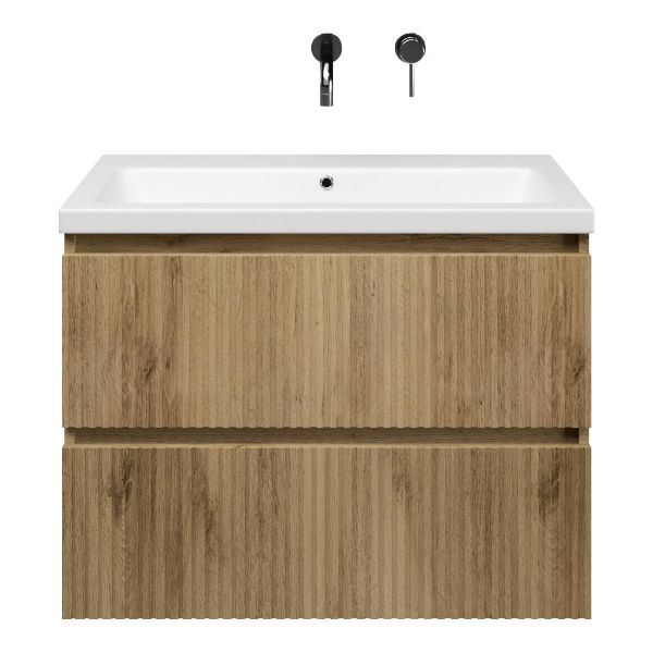 Katwijk badmeubel 80 cm warm eiken met keramische Dishoek wastafel wit mat, zonder kraangat