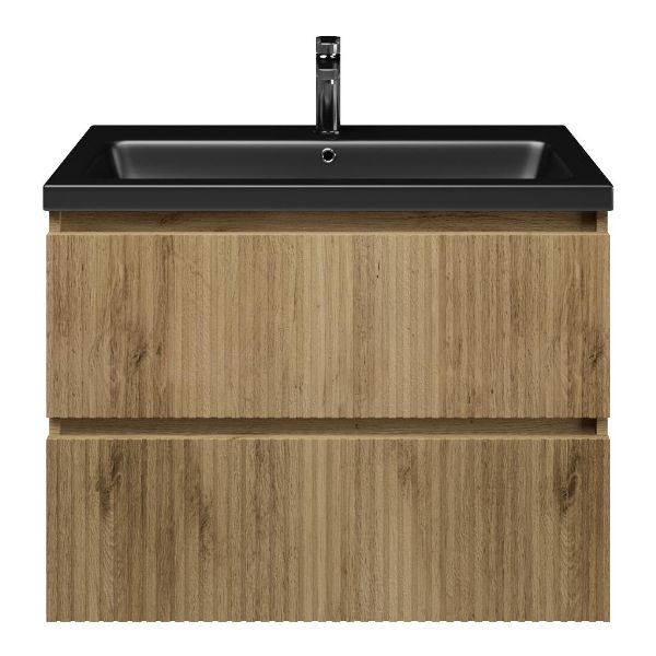 Katwijk badmeubel 80 cm warm eiken met keramische Dishoek wastafel zwart mat, 1 kraangat