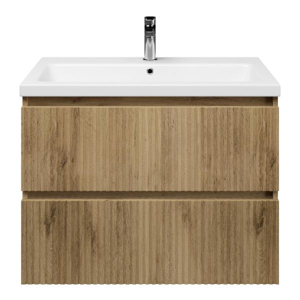 Katwijk badmeubel 80 cm warm eiken met keramische Dishoek wastafel wit glans, 1 kraangat