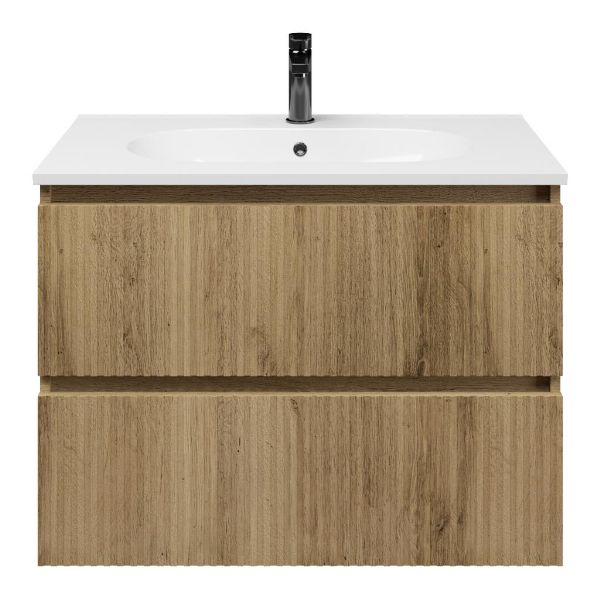 Katwijk badmeubel 80 cm warm eiken met keramische Ellemeet wastafel wit glans