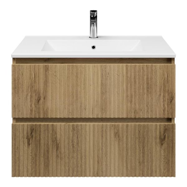 Katwijk badmeubel 80 cm warm eiken met keramische Huisduinen wastafel wit glans