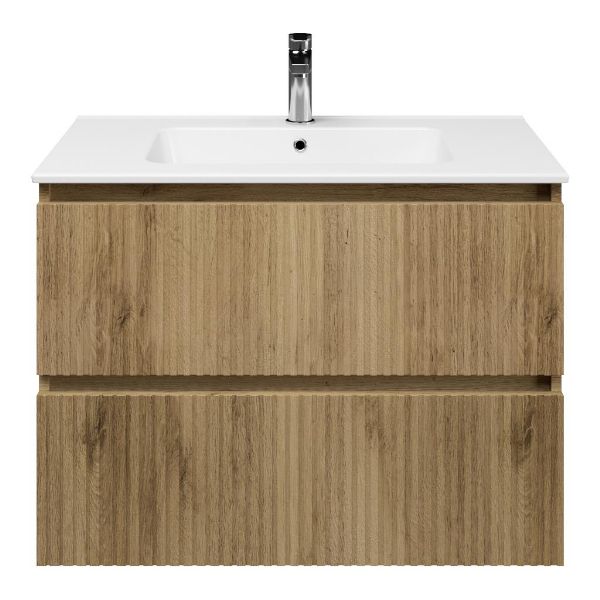 Katwijk badmeubel 80 cm warm eiken met keramische Quadra wastafel wit glans