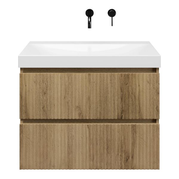 Katwijk badmeubel 80 cm warm eiken met keramische Rockanje wastafel wit glans, zonder kraangat