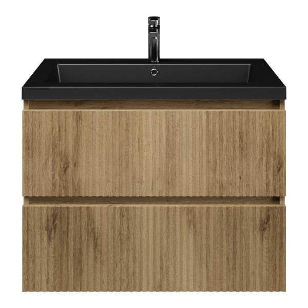 Katwijk badmeubel 80 cm warm eiken met polystone Cadzand wastafel zwart mat, 1 kraangat
