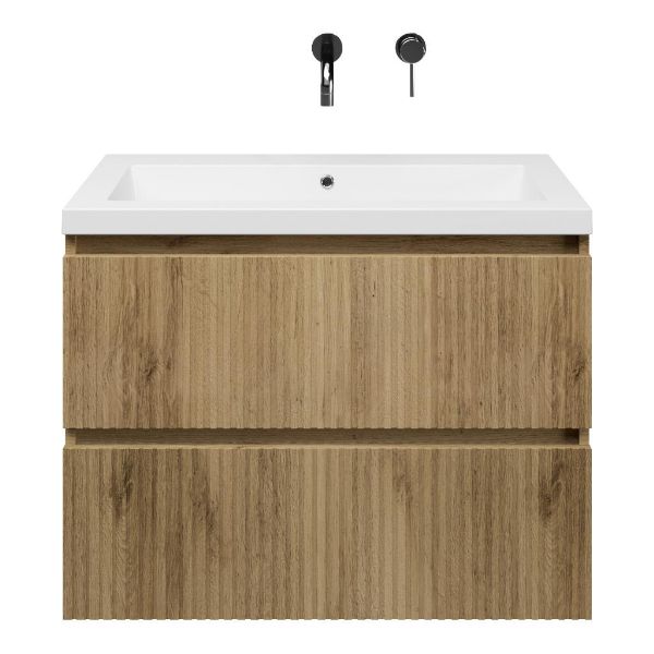 Katwijk badmeubel 80 cm warm eiken met polystone Cadzand wastafel wit glans, zonder kraangat