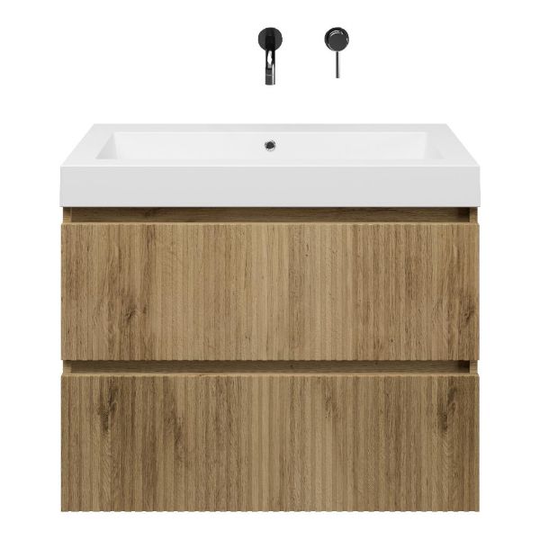 Katwijk badmeubel 80 cm warm eiken met polystone Cadzand wastafel wit glans, zonder kraangat