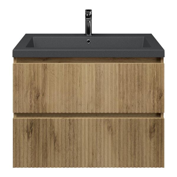 Katwijk badmeubel 80 cm warm eiken met polystone Cadzand wastafel grijs mat