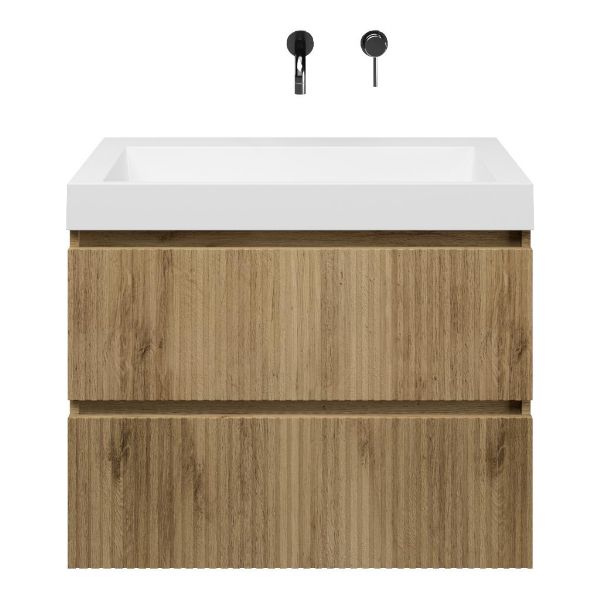 Katwijk badmeubel 80 cm warm eiken met polystone Haamstede wastafel wit glans, zonder kraangat