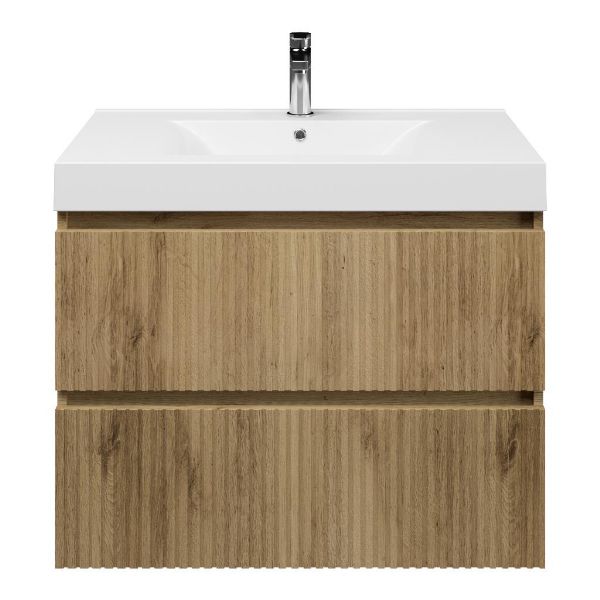 Katwijk badmeubel 80 cm warm eiken met polystone Wave wastafel wit glans