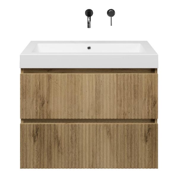 Katwijk badmeubel 80 cm warm eiken met quartz Cadzand-Q wastafel wit mat