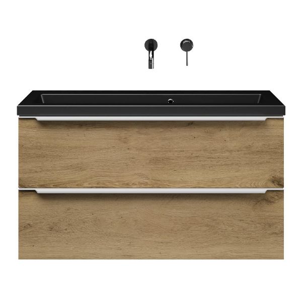 Kijkduin badmeubel 100 cm warm eiken met keramische Dishoek wastafel zwart mat