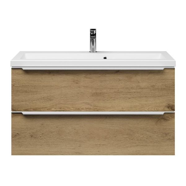 Kijkduin badmeubel 100 cm warm eiken met keramische Dishoek wastafel wit mat