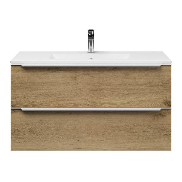Kijkduin badmeubel 100 cm warm eiken met keramische Huisduinen wastafel wit glans