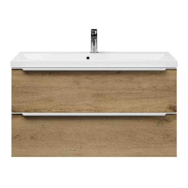 Kijkduin badmeubel 100 cm warm eiken met polystone Scharendijke wastafel wit glans