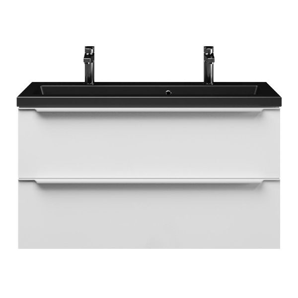 Kijkduin badmeubel 100 cm wit hoogglans met keramische Dishoek wastafel zwart mat
