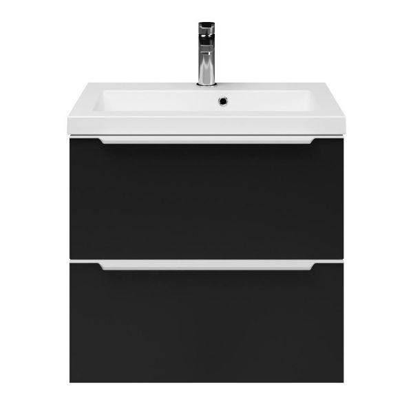 Kijkduin badmeubel 60 cm mat zwart met polystone Cadzand wastafel wit mat, 1 kraangat, met overloop