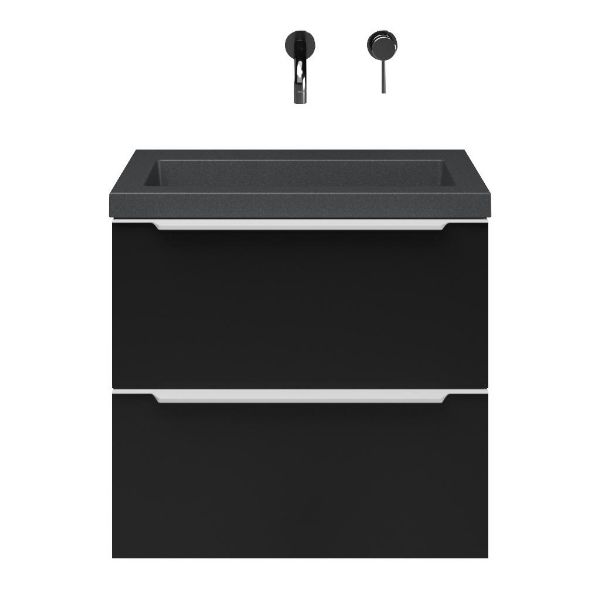Kijkduin badmeubel 60 cm mat zwart met quartz Cadzand-Q wastafel grijs mat, zonder kraangat