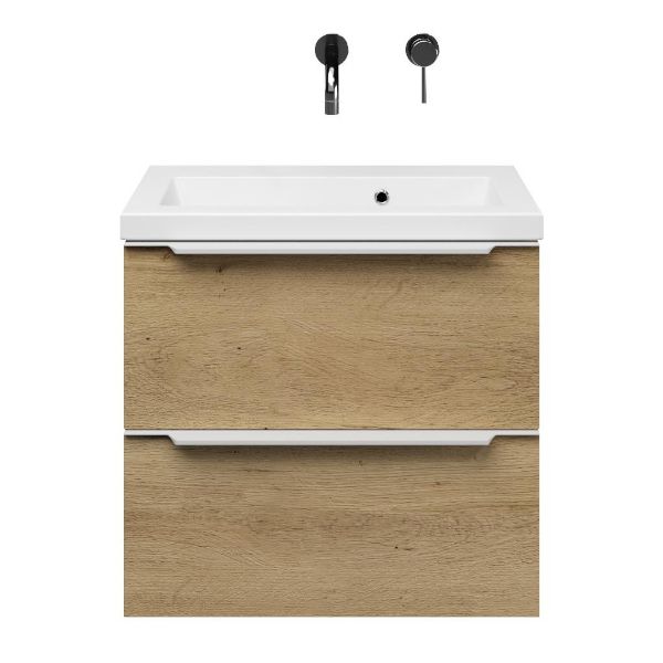 Kijkduin badmeubel 60 cm warm eiken met keramische Dishoek wastafel wit glans, zonder kraangat