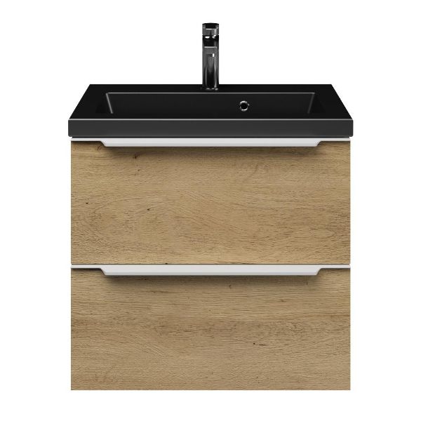 Kijkduin badmeubel 60 cm warm eiken met keramische Dishoek wastafel zwart mat, 1 kraangat
