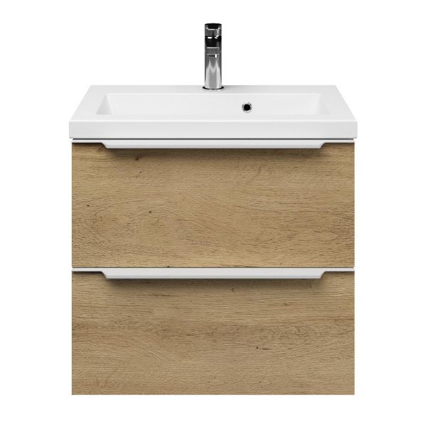 Kijkduin badmeubel 60 cm warm eiken met keramische Dishoek wastafel wit glans, 1 kraangat