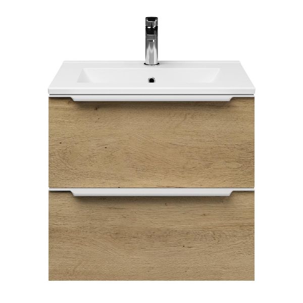 Kijkduin badmeubel 60 cm warm eiken met keramische Huisduinen wastafel wit glans