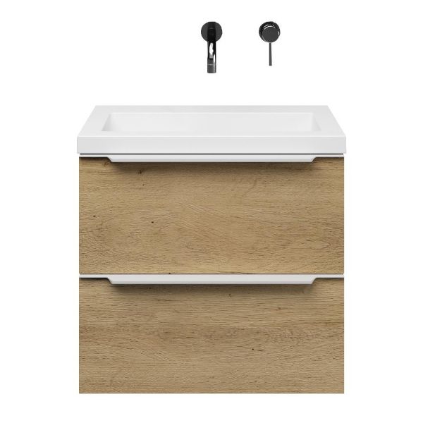 Kijkduin badmeubel 60 cm warm eiken met polystone Cadzand wastafel wit glans, zonder kraangat