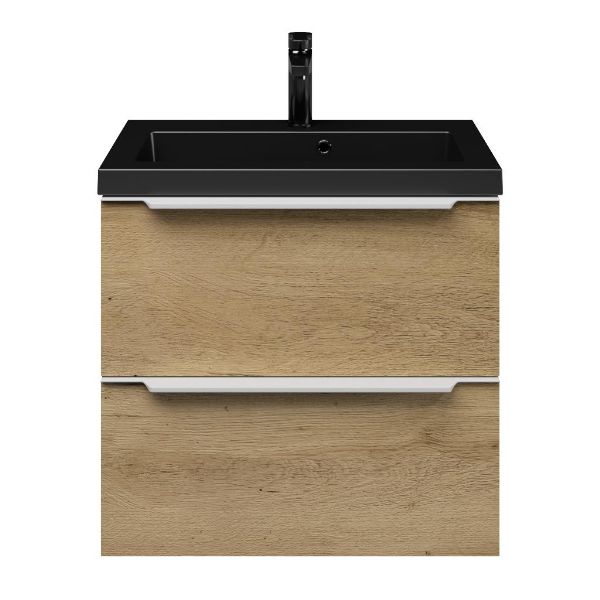 Kijkduin badmeubel 60 cm warm eiken met polystone Cadzand wastafel zwart mat