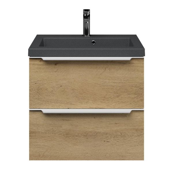 Kijkduin badmeubel 60 cm warm eiken met polystone Cadzand wastafel grijs mat