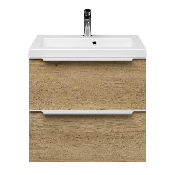Kijkduin badmeubel 60 cm warm eiken met polystone Cadzand wastafel wit mat, 1 kraangat, met overloop