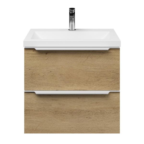 Kijkduin badmeubel 60 cm warm eiken met polystone Scharendijke wastafel wit glans