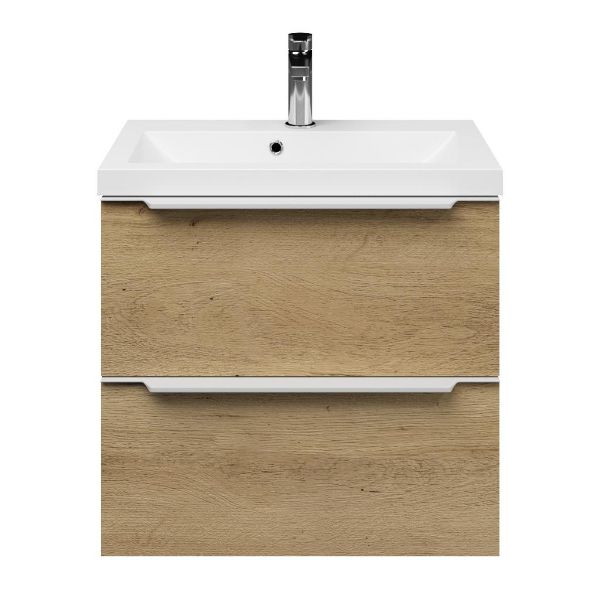 Kijkduin badmeubel 60 cm warm eiken met polystone Scharendijke wastafel wit glans
