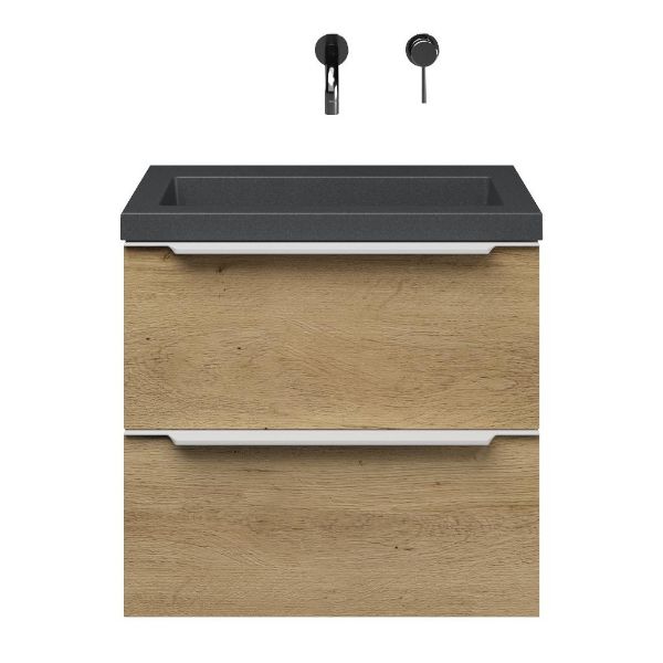Kijkduin badmeubel 60 cm warm eiken met quartz Cadzand-Q wastafel grijs mat, zonder kraangat