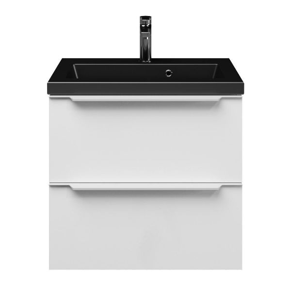 Kijkduin badmeubel 60 cm wit hoogglans met keramische Dishoek wastafel zwart mat, 1 kraangat