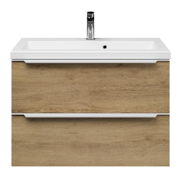 Kijkduin badmeubel 80 cm warm eiken met keramische Dishoek wastafel wit mat, 1 kraangat