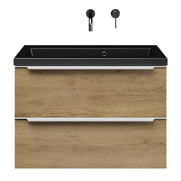 Kijkduin badmeubel 80 cm warm eiken met keramische Dishoek wastafel zwart mat, zonder kraangat