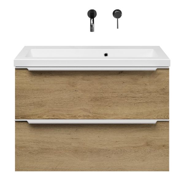 Kijkduin badmeubel 80 cm warm eiken met keramische Dishoek wastafel wit mat, zonder kraangat