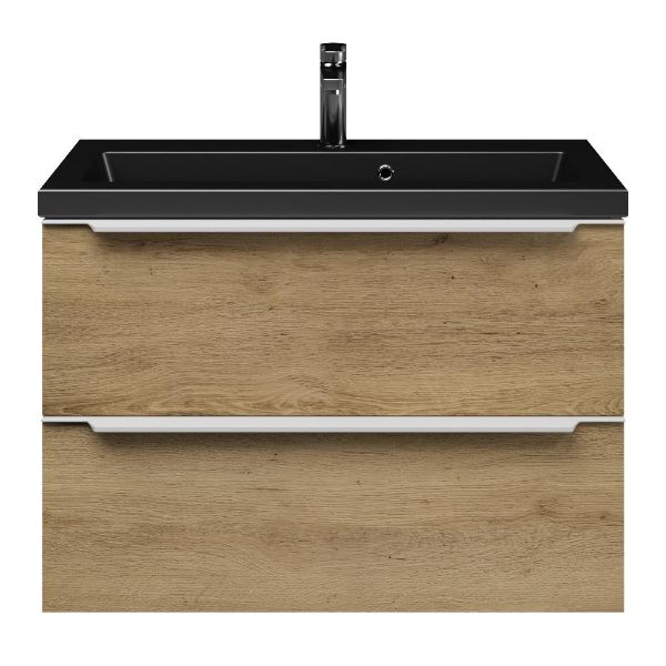 Kijkduin badmeubel 80 cm warm eiken met keramische Dishoek wastafel zwart mat, 1 kraangat