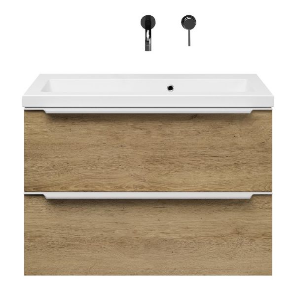 Kijkduin badmeubel 80 cm warm eiken met keramische Dishoek wastafel wit glans, zonder kraangat