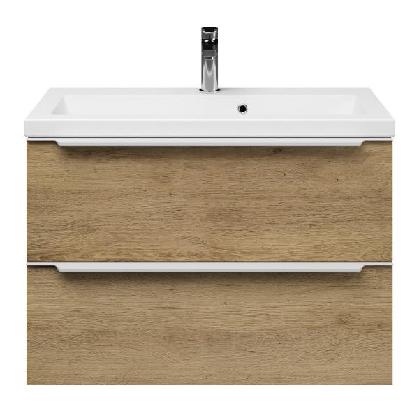 Kijkduin badmeubel 80 cm warm eiken met keramische Dishoek wastafel wit glans, 1 kraangat