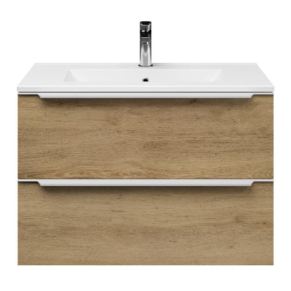 Kijkduin badmeubel 80 cm warm eiken met keramische Huisduinen wastafel wit glans