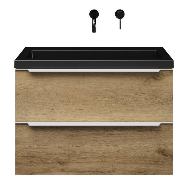 Kijkduin badmeubel 80 cm warm eiken met polystone Cadzand wastafel zwart mat, zonder kraangat