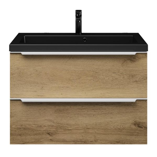 Kijkduin badmeubel 80 cm warm eiken met polystone Cadzand wastafel zwart mat, 1 kraangat