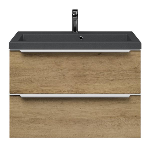 Kijkduin badmeubel 80 cm warm eiken met polystone Cadzand wastafel grijs mat, met overloop