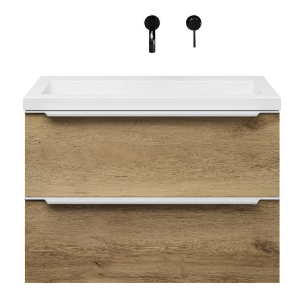 Kijkduin badmeubel 80 cm warm eiken met polystone Cadzand wastafel wit glans, zonder kraangat