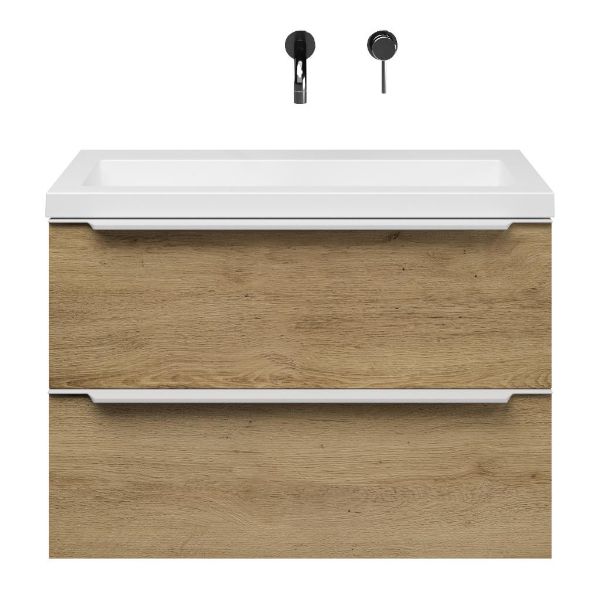Kijkduin badmeubel 80 cm warm eiken met quartz Cadzand-Q wastafel wit mat, zonder kraangat