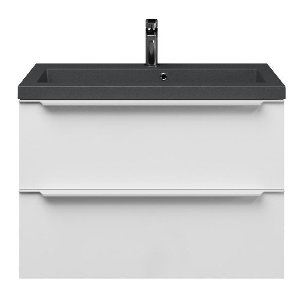 Kijkduin badmeubel 80 cm wit hoogglans met polystone Cadzand wastafel grijs mat, met overloop