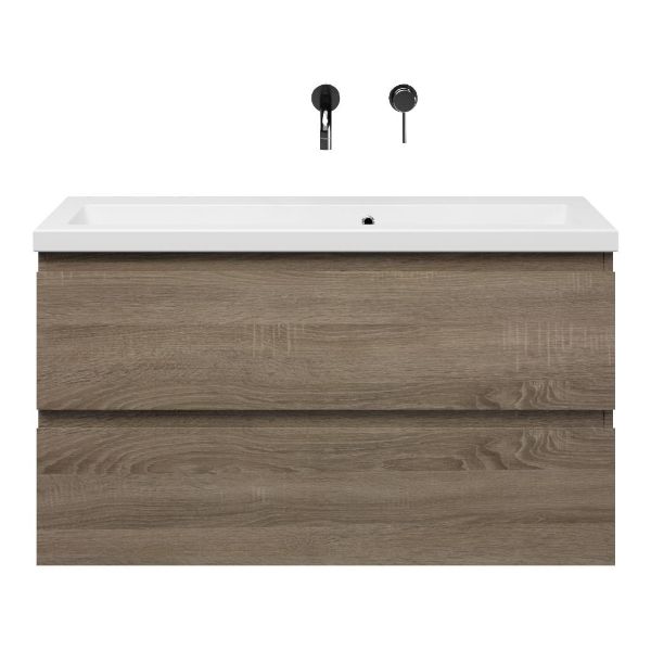 Renesse badmeubel 100 cm donker eiken met keramische Dishoek wastafel wit glans